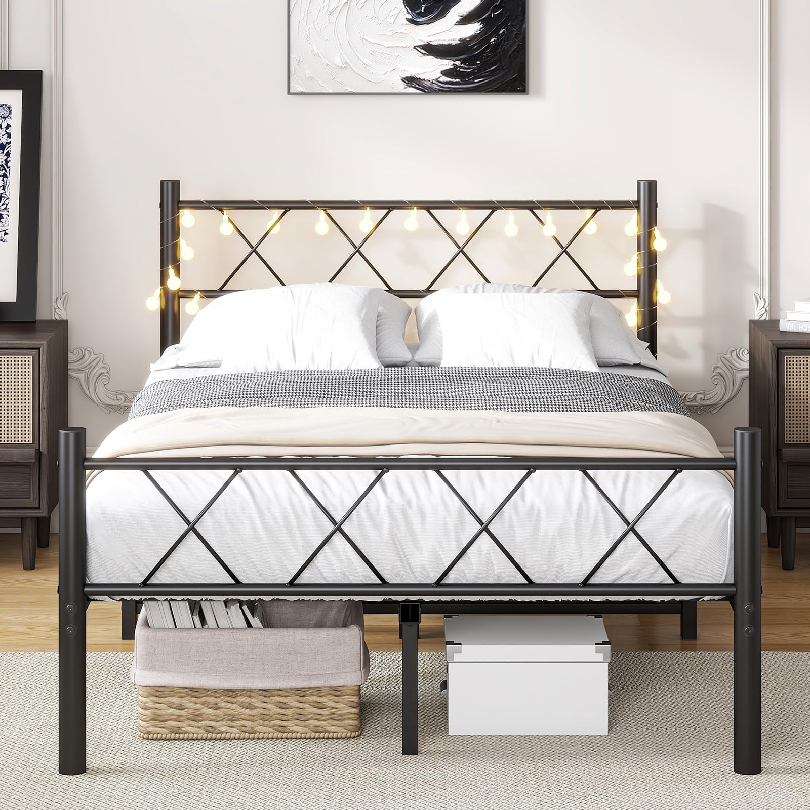 HOJINLINERO 4ft6 Double Metal Bed Frame with LED Headboard and Storage