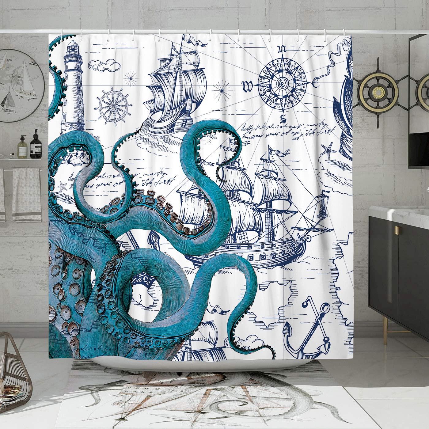 Jolof Store Blue Nautical Octopus Shower Curtain – Coastal Kraken Decor