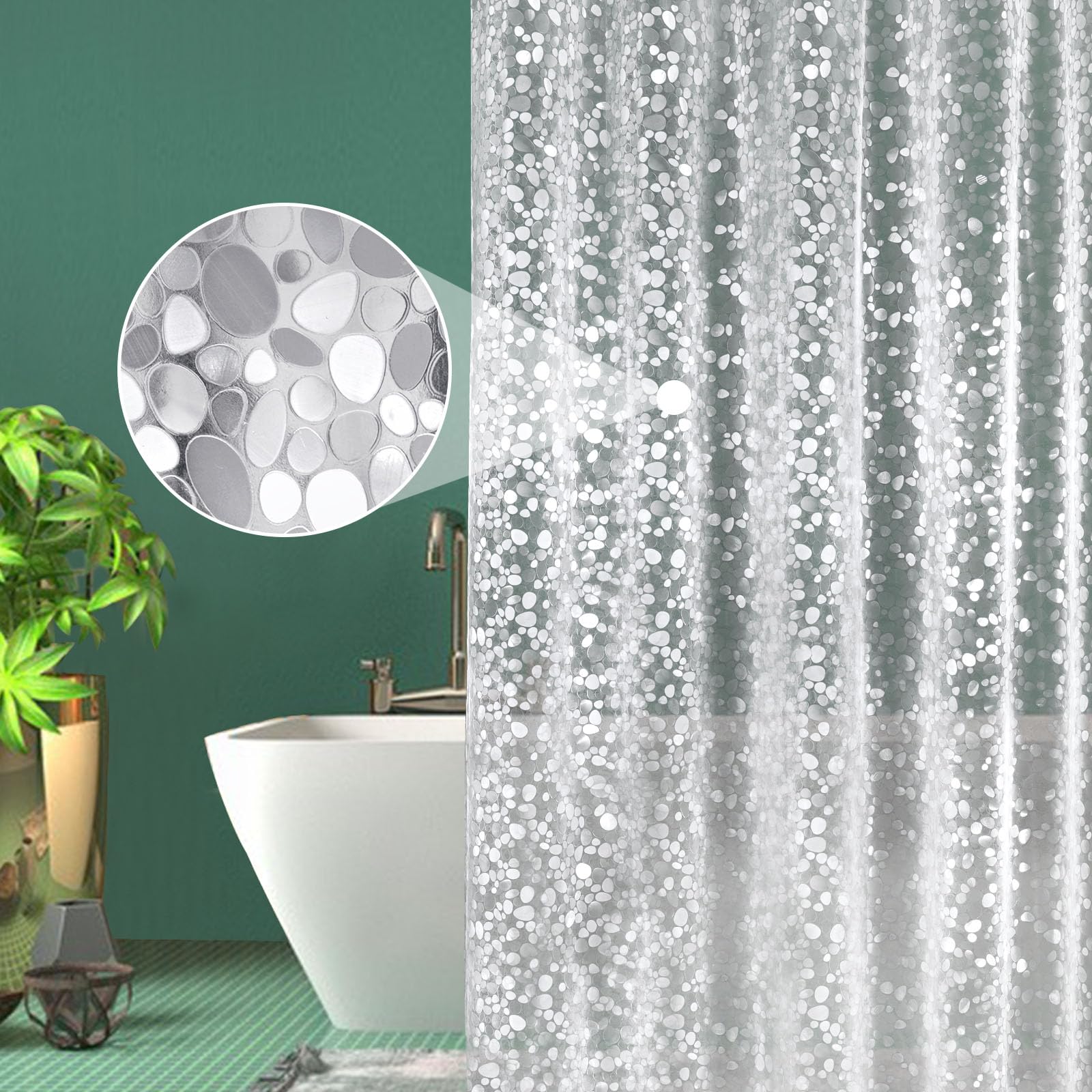 EurCross EVA Shower Curtain – Mildew Resistant Cobblestone Liner with Hooks