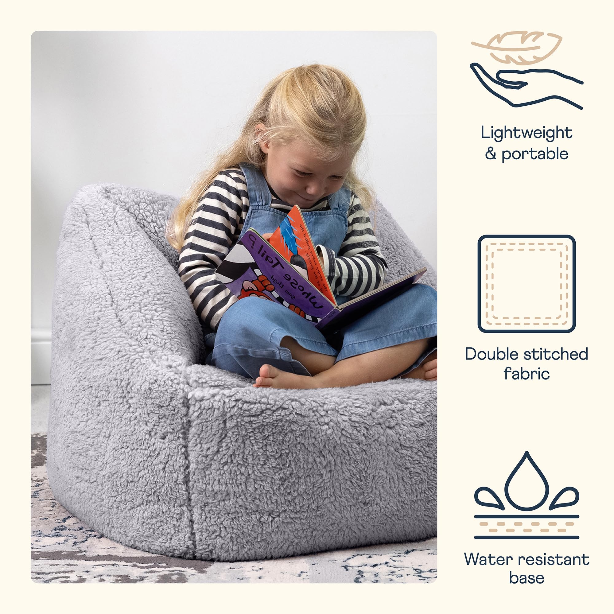 icon Kids Teddy Fleece Bean Bag Chair | Grey Fluffy Armchair with Filling