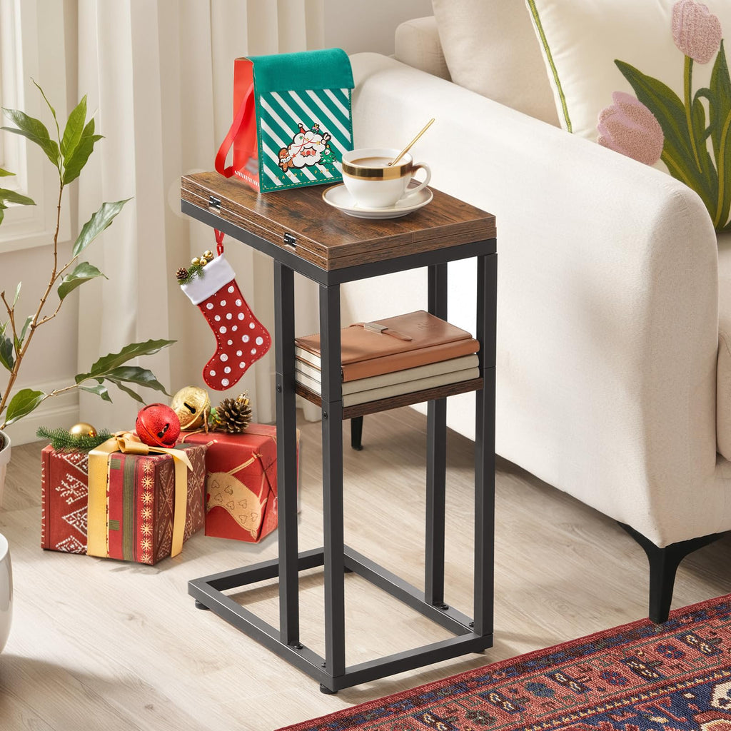 HOOBRO C Shaped Side Table – Foldable Laptop & Snack Table, Rustic Brown