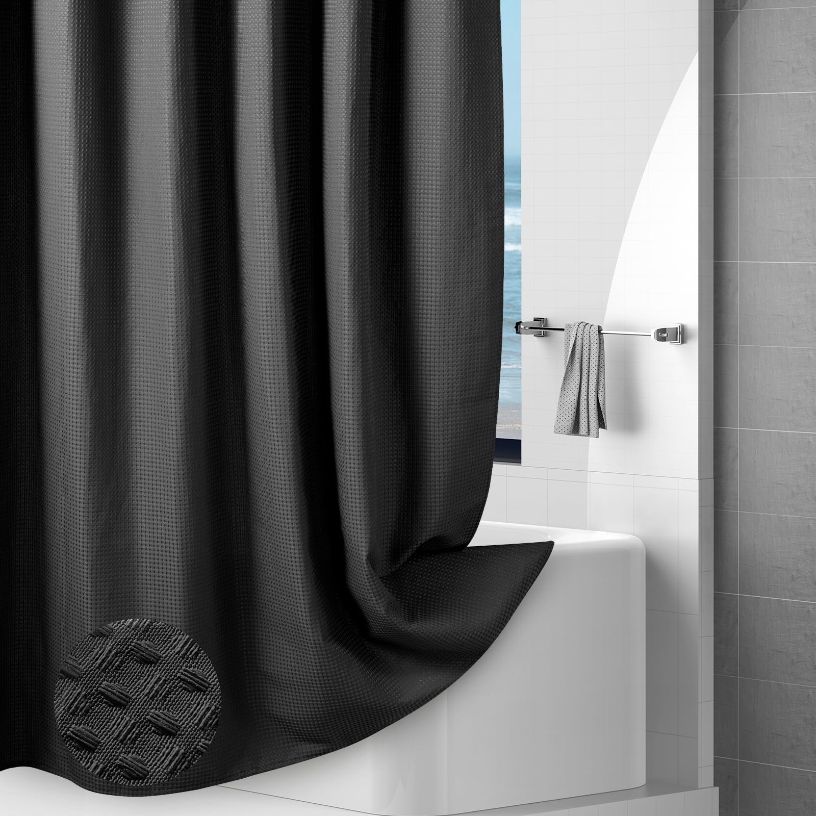 Jolof Store Black Waffle Shower Curtain – Heavy Duty 256GSM Waterproof Fabric