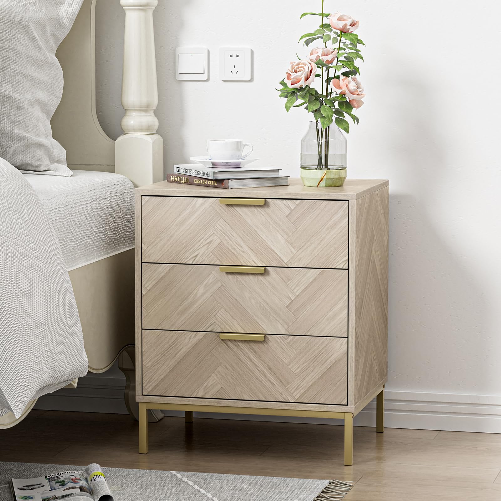 Yvsevnr Herringbone 3 Drawer Bedside Table | Oak Finish Wooden Cabinet