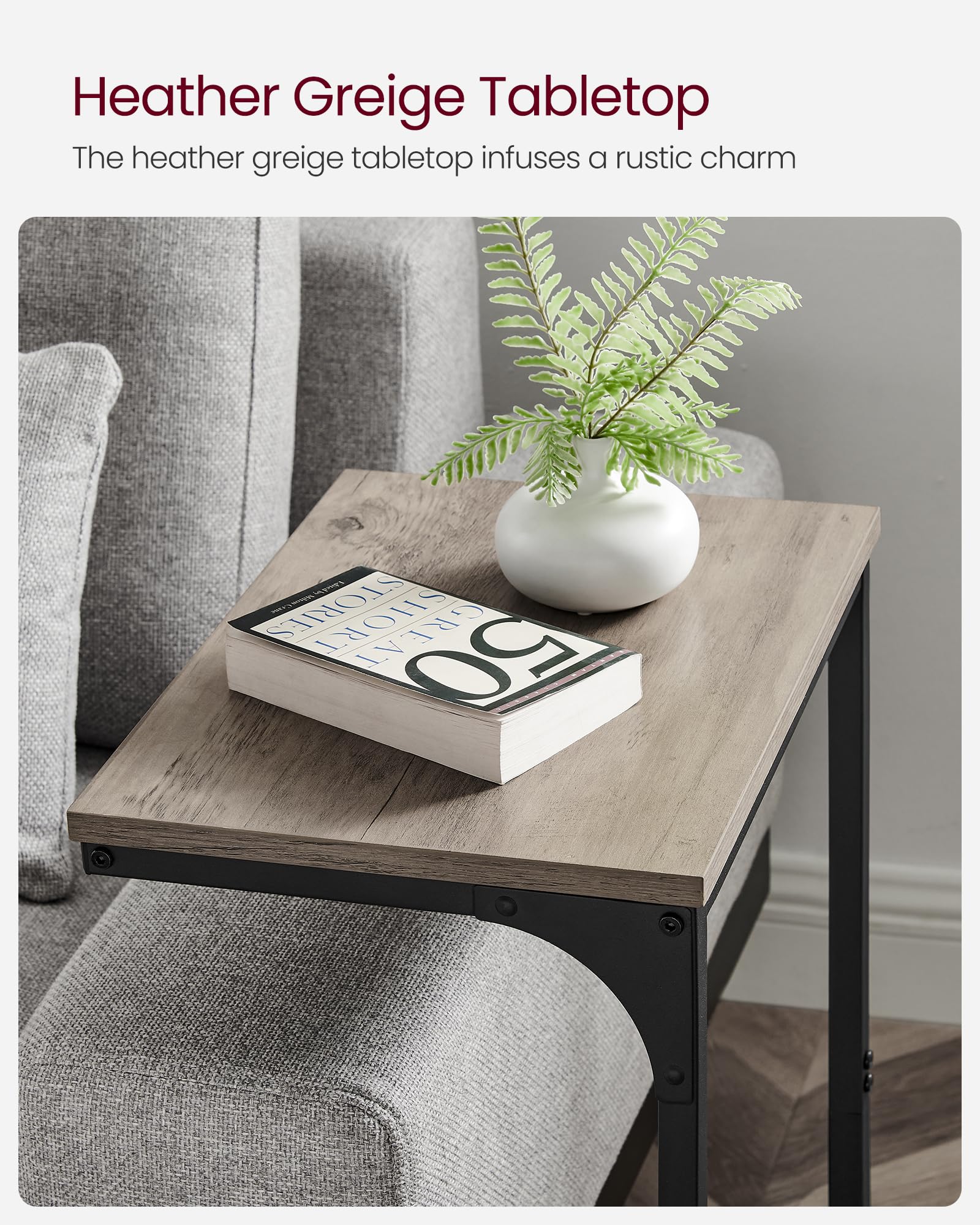 VASAGLE C-Shaped Side Table – Industrial Metal Sofa End Table, Greige