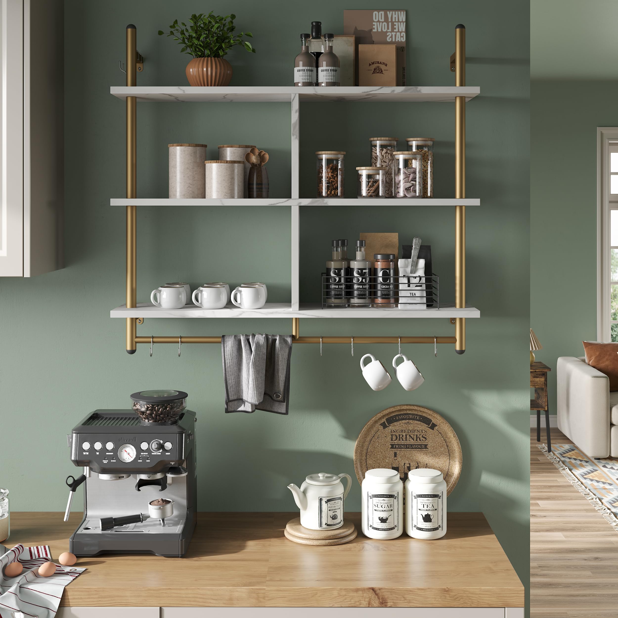 Bestier 115CM Industrial Pipe Shelving | 3-Tier Wall Mounted Ladder Shelf