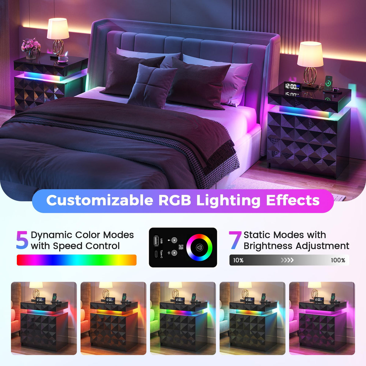 FREDEES RGB Bedside Table with Hidden Drawer for Bedroom, Black - image 4