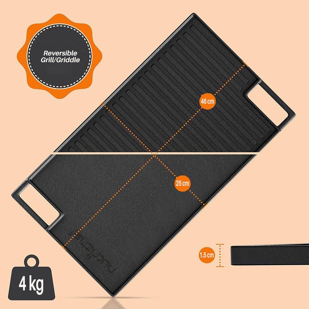 Nutrichef Reversible Cast Iron Grill Plate – 45.7cm Flat & Ridged Griddle Pan