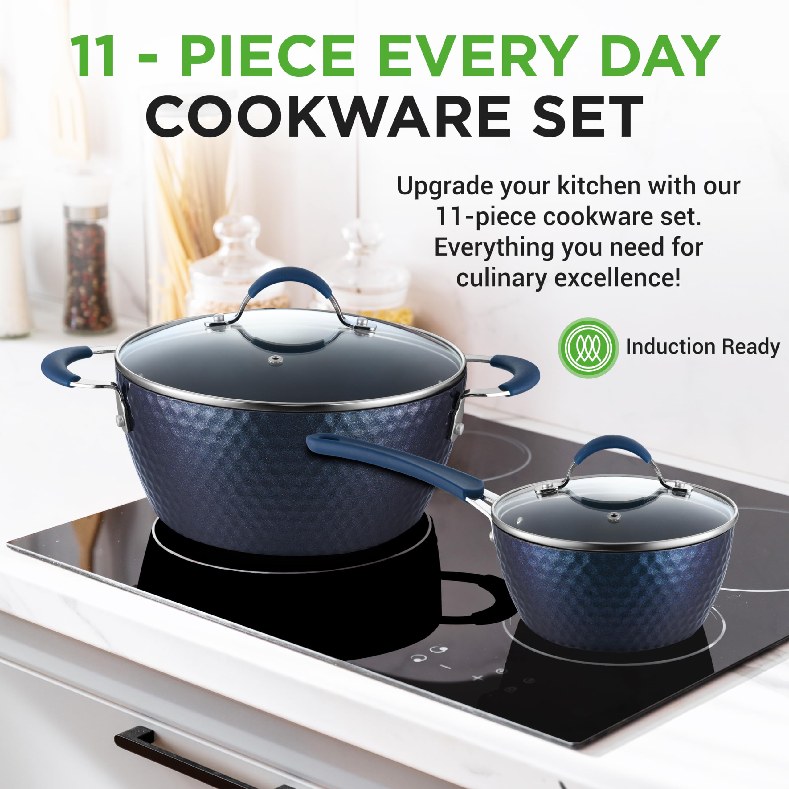 NutriChef 11-Piece Non-Stick Cookware Set | Blue Diamond Ceramic Pots & Pans