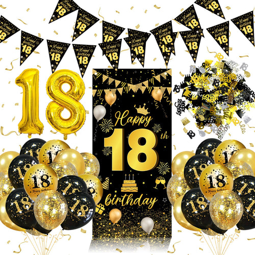Jolof Store 18th Birthday Decorations - Black & Gold Balloons and Banner Kit