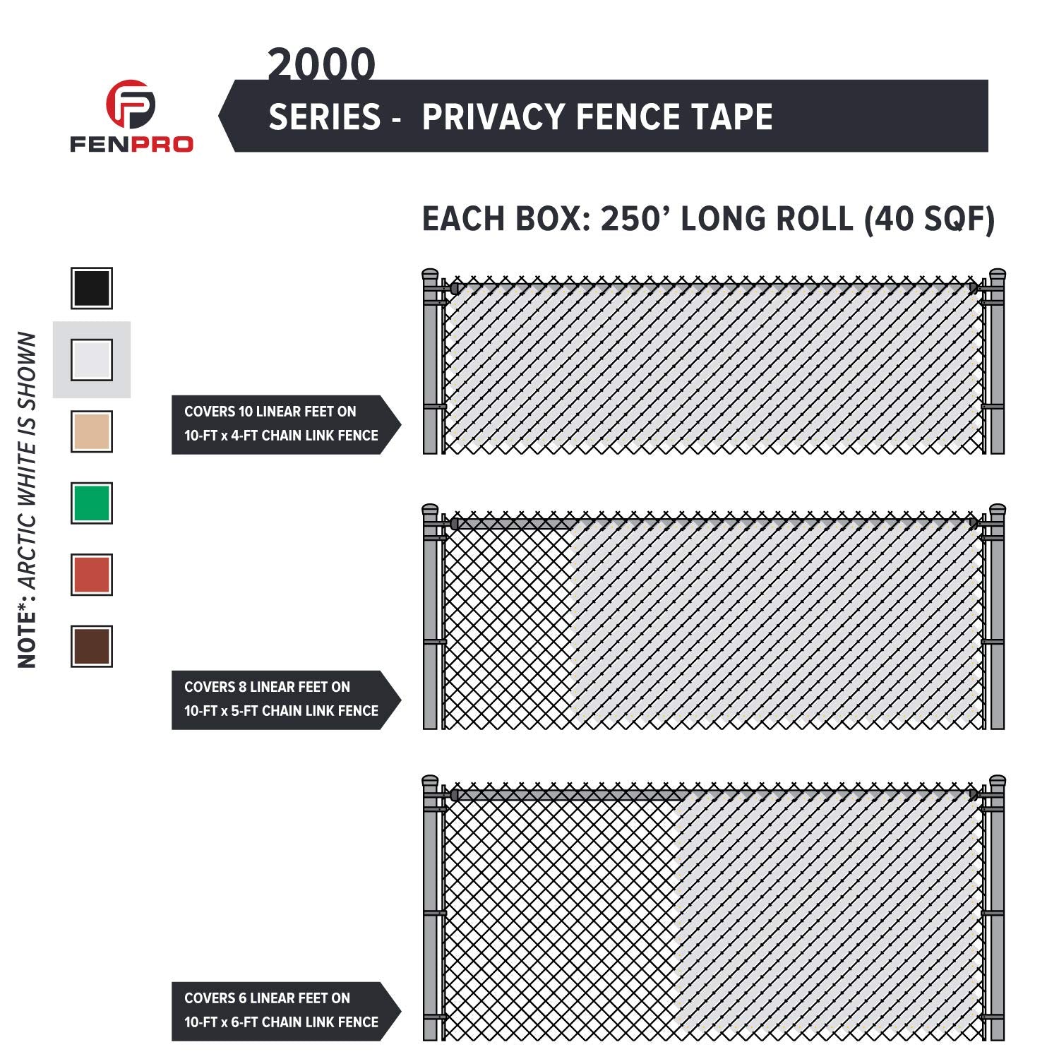 Fenpro Chain Link Privacy Fence Tape – Arctic White 250ft Roll with Fasteners