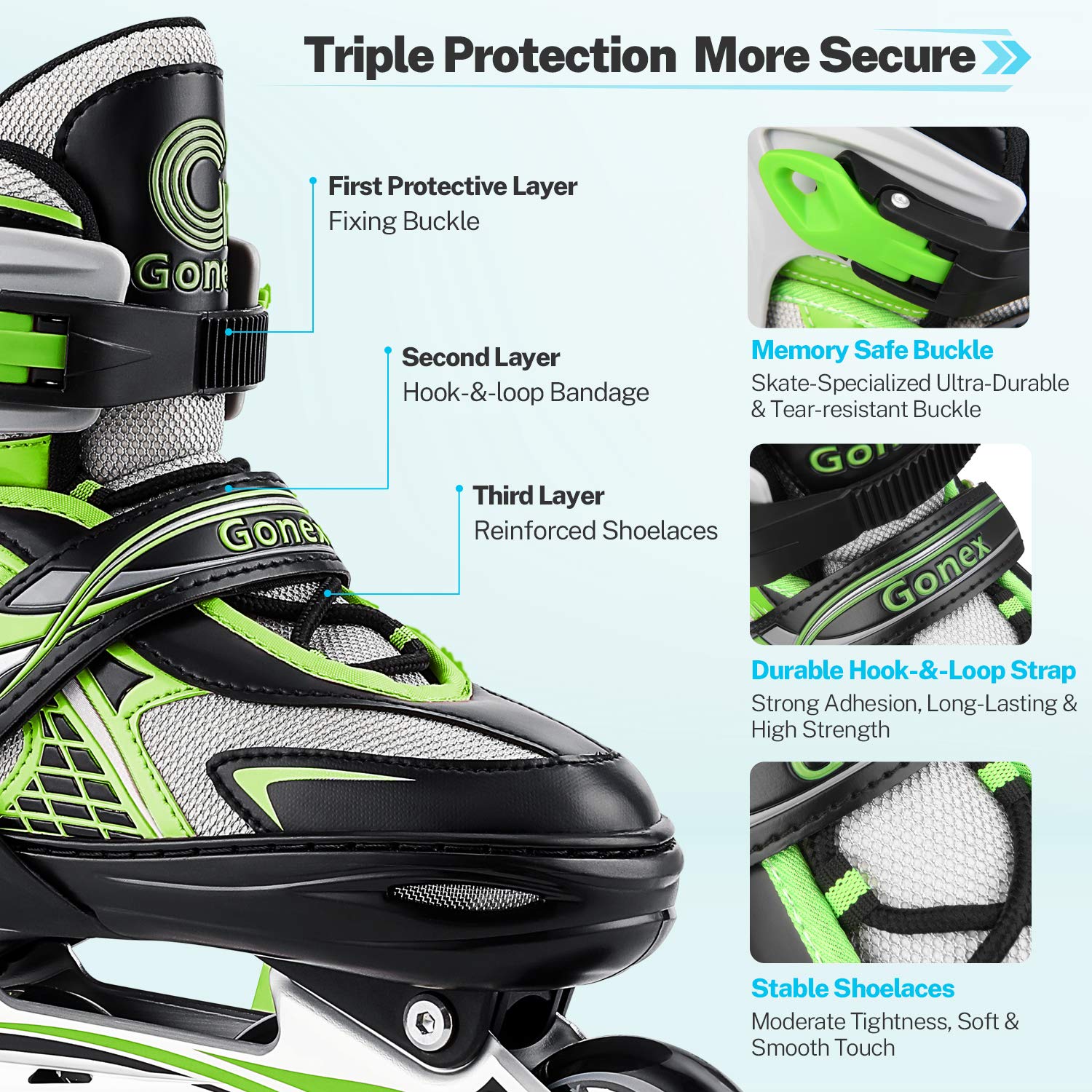 Gonex Adjustable Inline Skates for Kids - 8 LED Flashing Wheels, Green