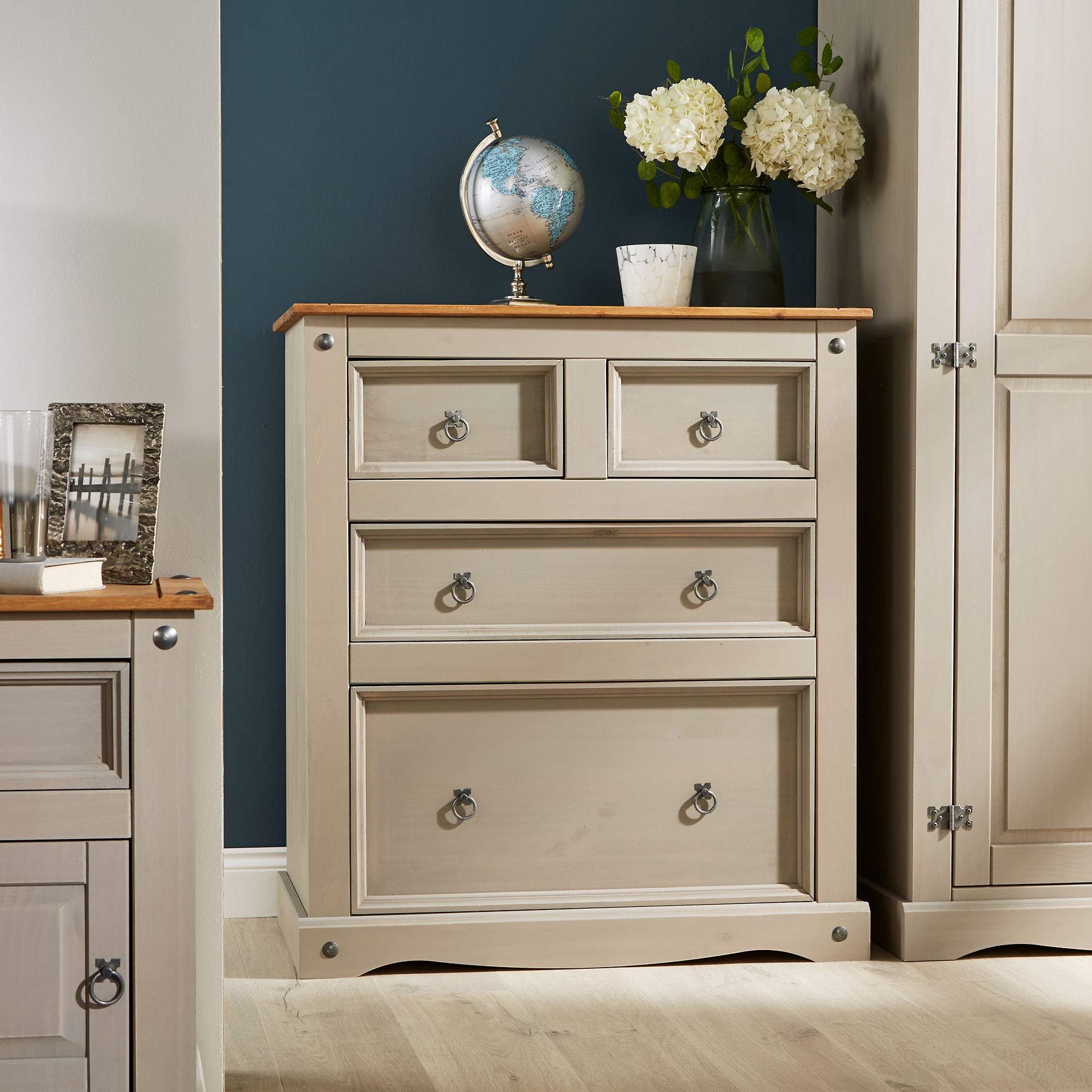 Corona Solid Pine 4 Drawer Chest - Rustic Grey Wood Cabinet