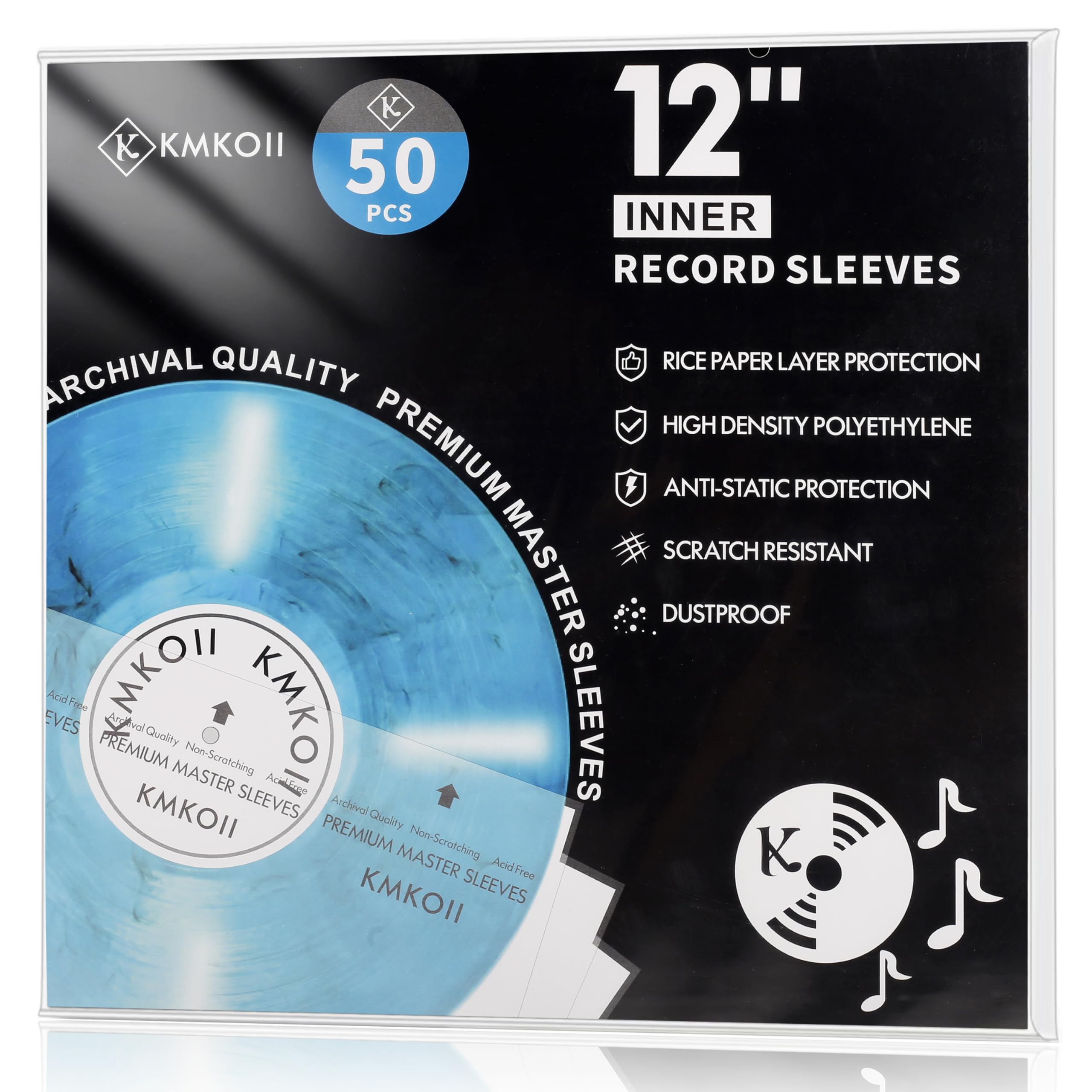 KMKOII 50-Pack Anti-Static Vinyl Inner Sleeves - 12 Inch Poly Lined HDPE