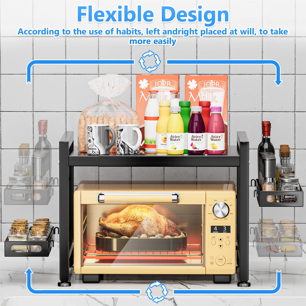 EKNITEY Extendable Microwave Oven Rack | 2-Tier Kitchen Shelf with Hooks