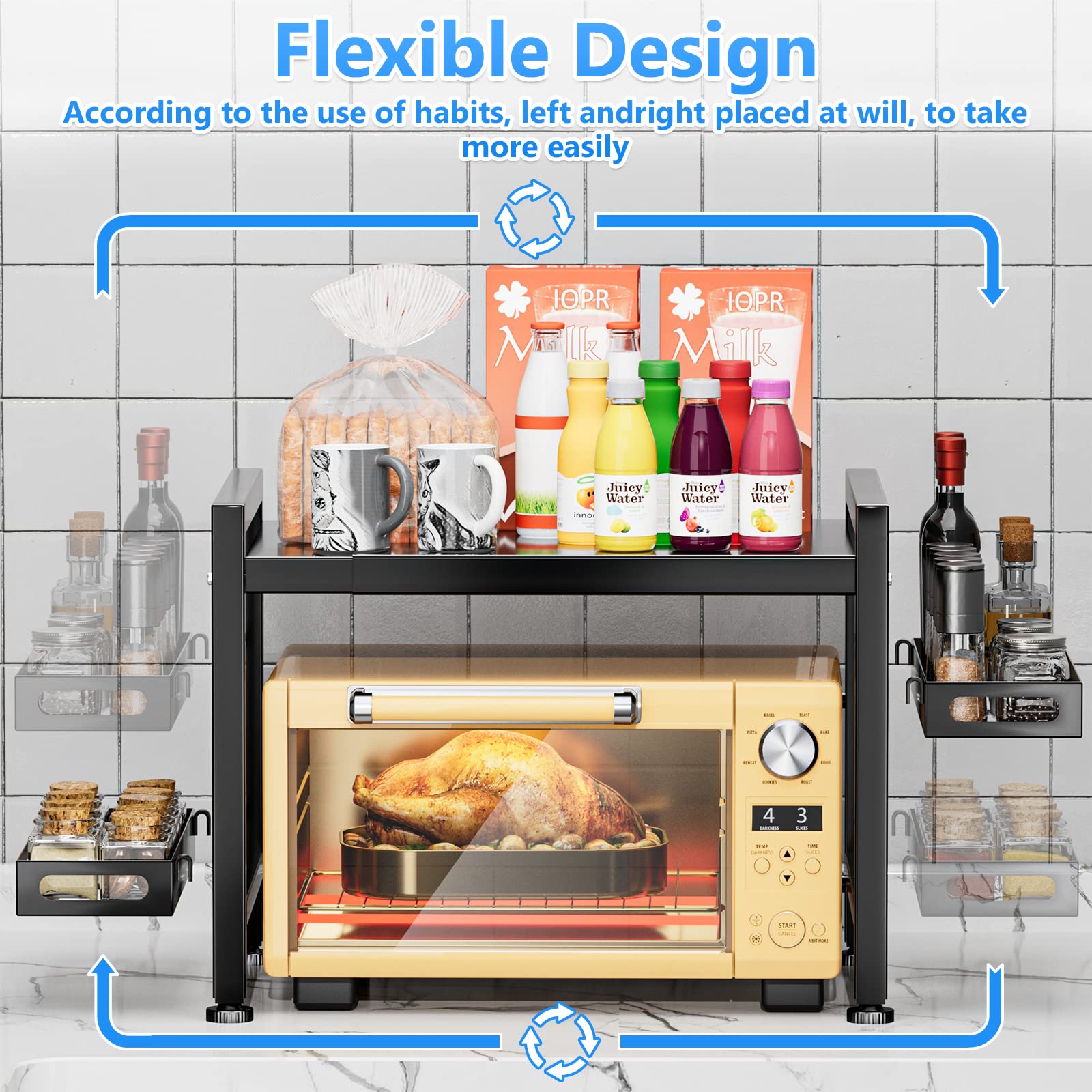 EKNITEY Extendable Microwave Oven Rack | 2-Tier Kitchen Shelf with Hooks