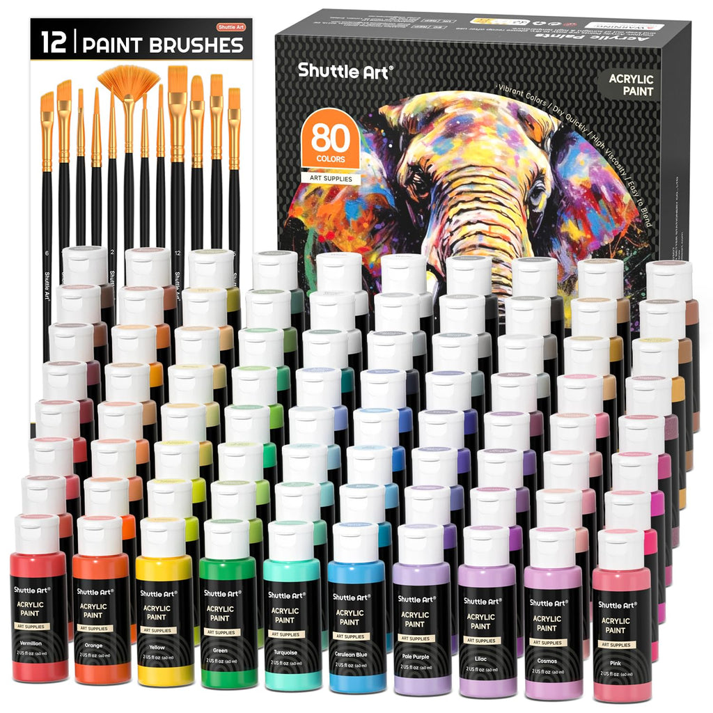 Shuttle Art 80 Pack Acrylic Paint Set - 78 Colors with 12 Brushes