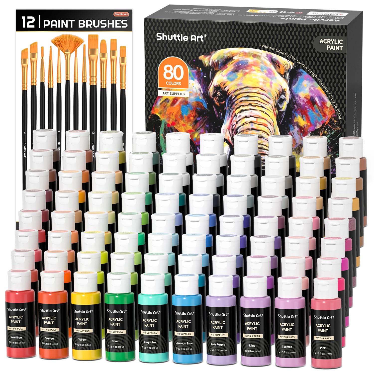 Shuttle Art 80 Pack Acrylic Paint Set - 78 Colors with 12 Brushes