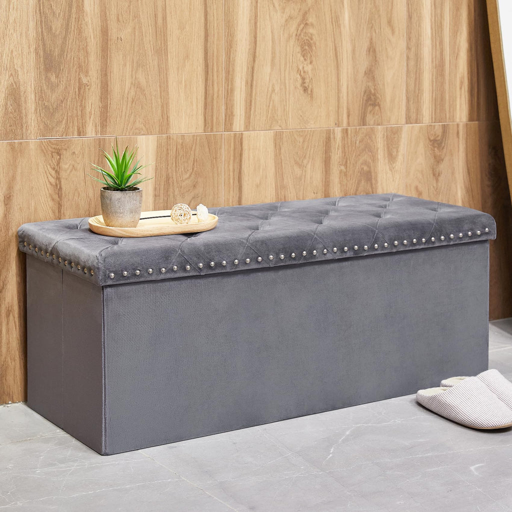 Bonlife Grey Velvet Storage Ottoman Bench – Large Folding Footstool