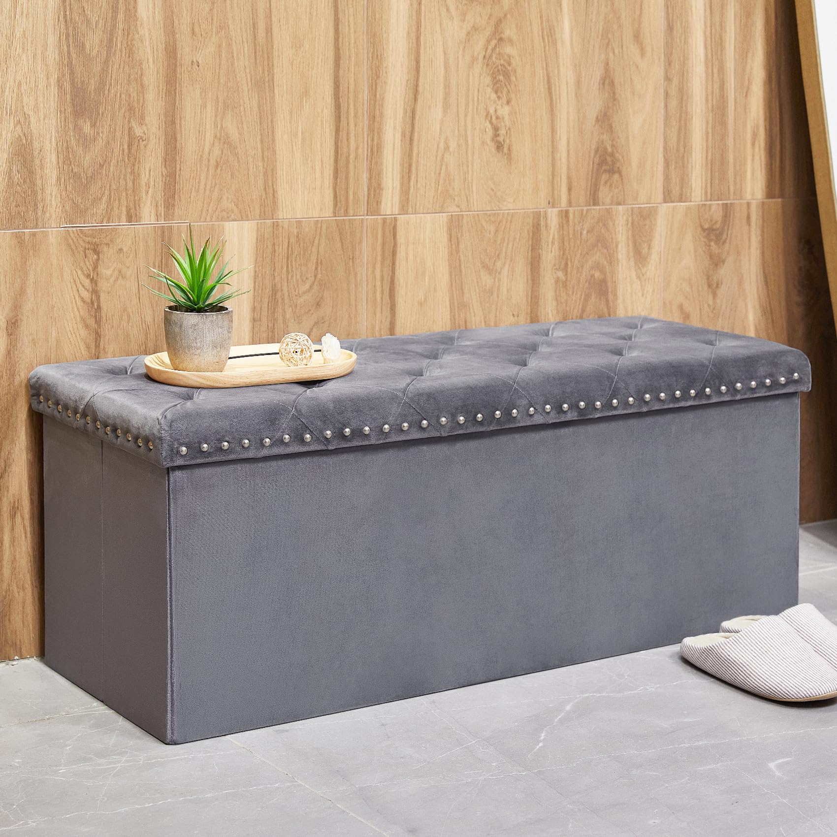 Bonlife Grey Velvet Storage Ottoman Bench – Large Folding Footstool