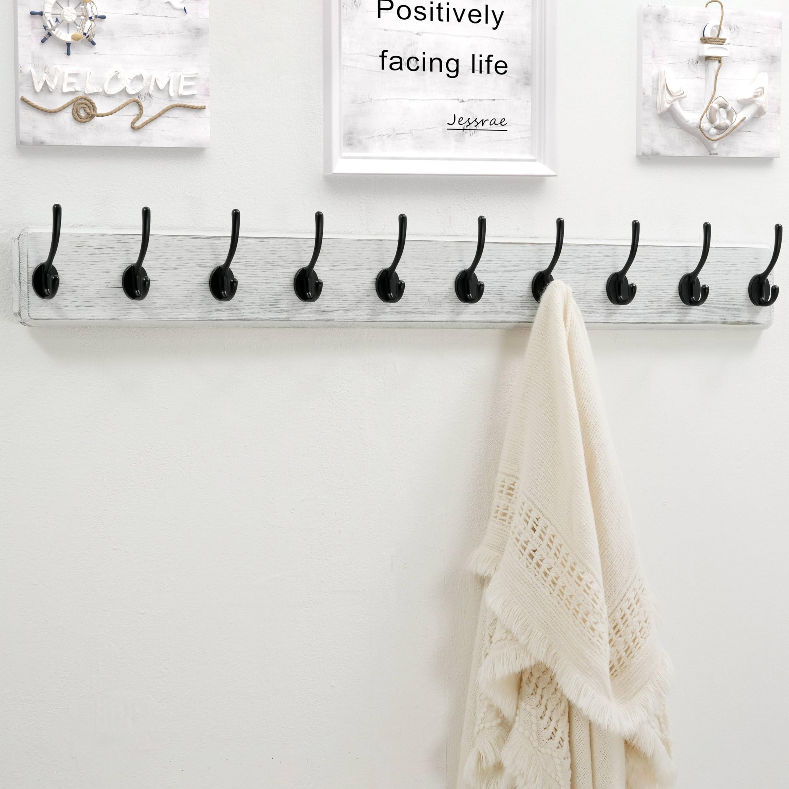 Dseap Heavy-Duty Wooden Wall Mounted Coat Rack - 97cm, 10 Hooks, 2 Pack