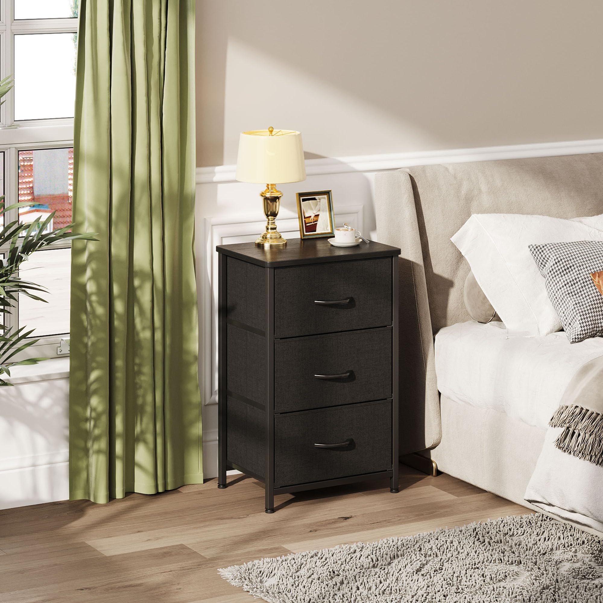 CAIYUN 3-Drawer Nightstand | Fabric Bedside Table with Metal Frame