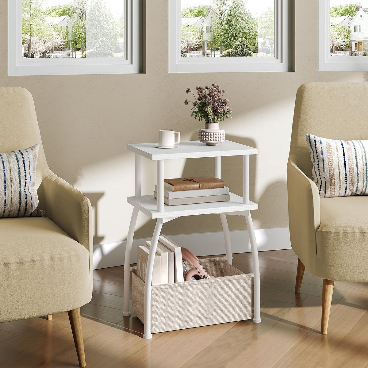 HOOBRO Narrow Side Table, 3-Tier Small Table with Linen Storage Basket, Sofa Side Tables for Small Space - image 2