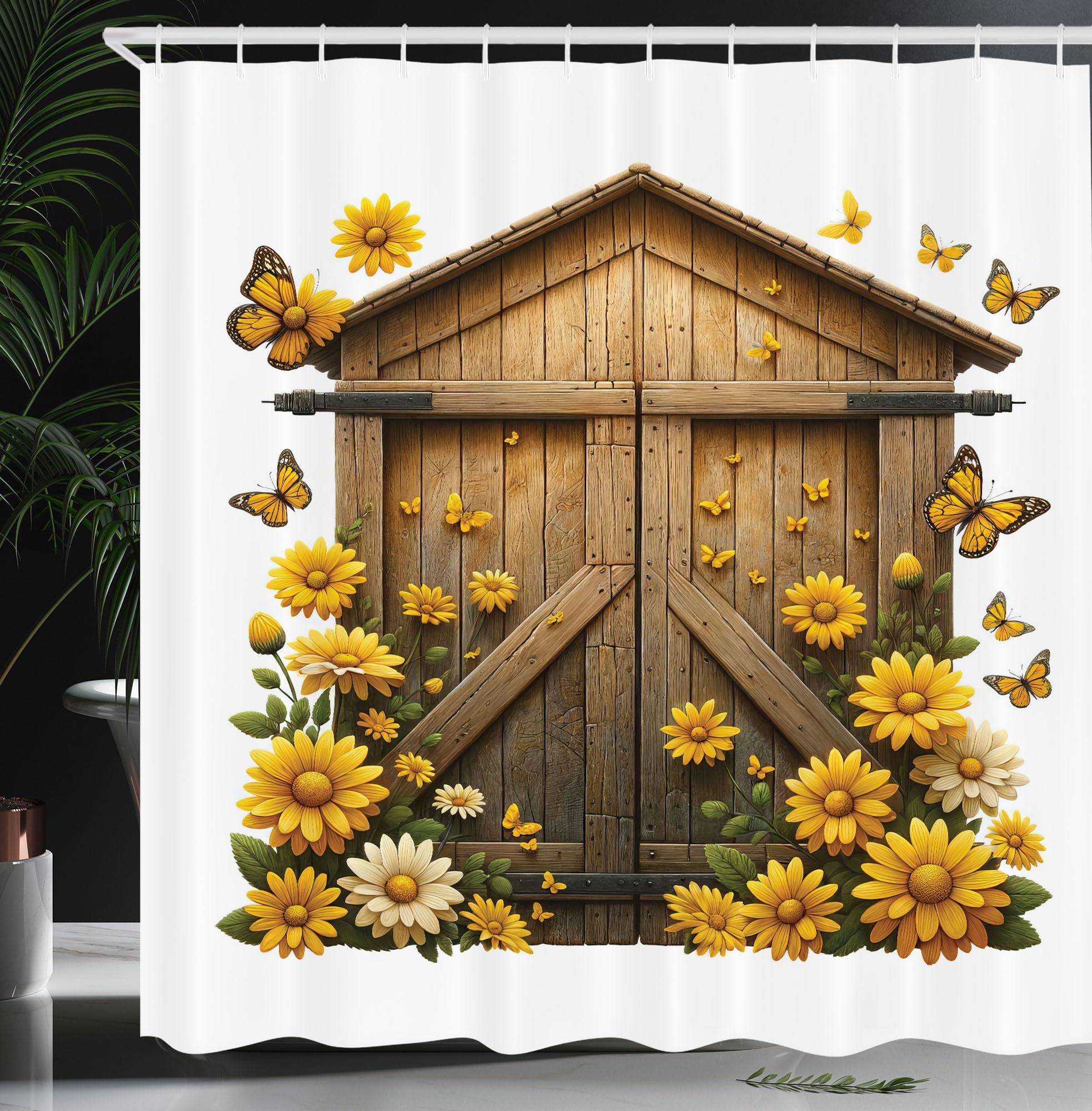 Abakuhaus Rustic Barn Flower Shower Curtain | Waterproof Fabric, 175x200cm