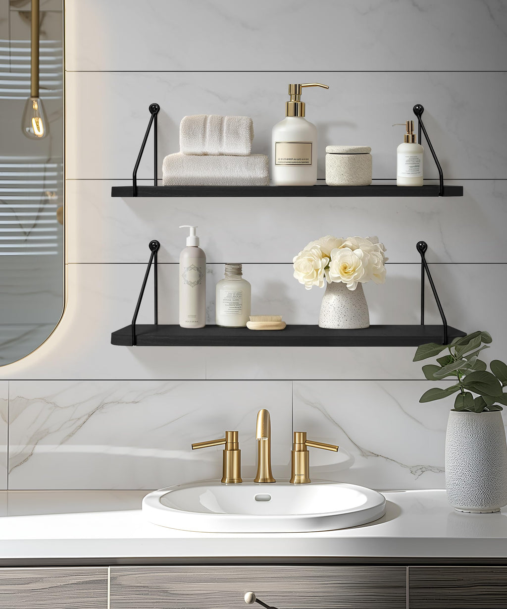 Afuly 24 Inch Black Floating Shelves | Modern MDF Wall Storage - Set of 2