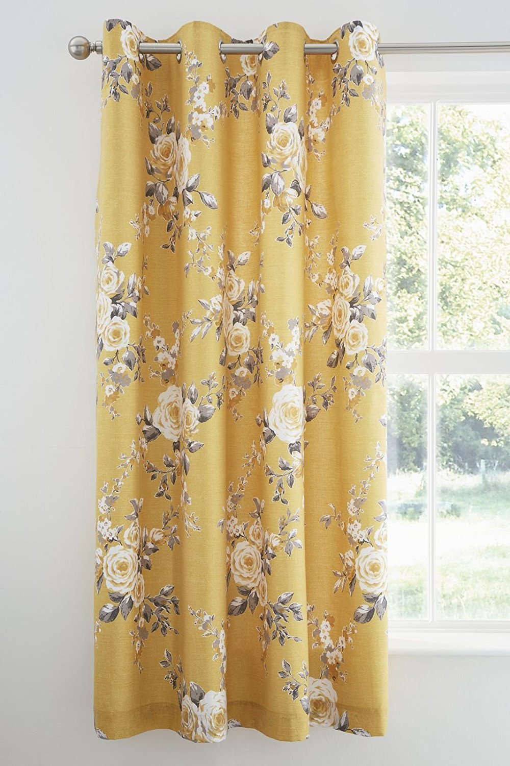 Catherine Lansfield Canterbury Floral Eyelet Curtains – Ochre Yellow