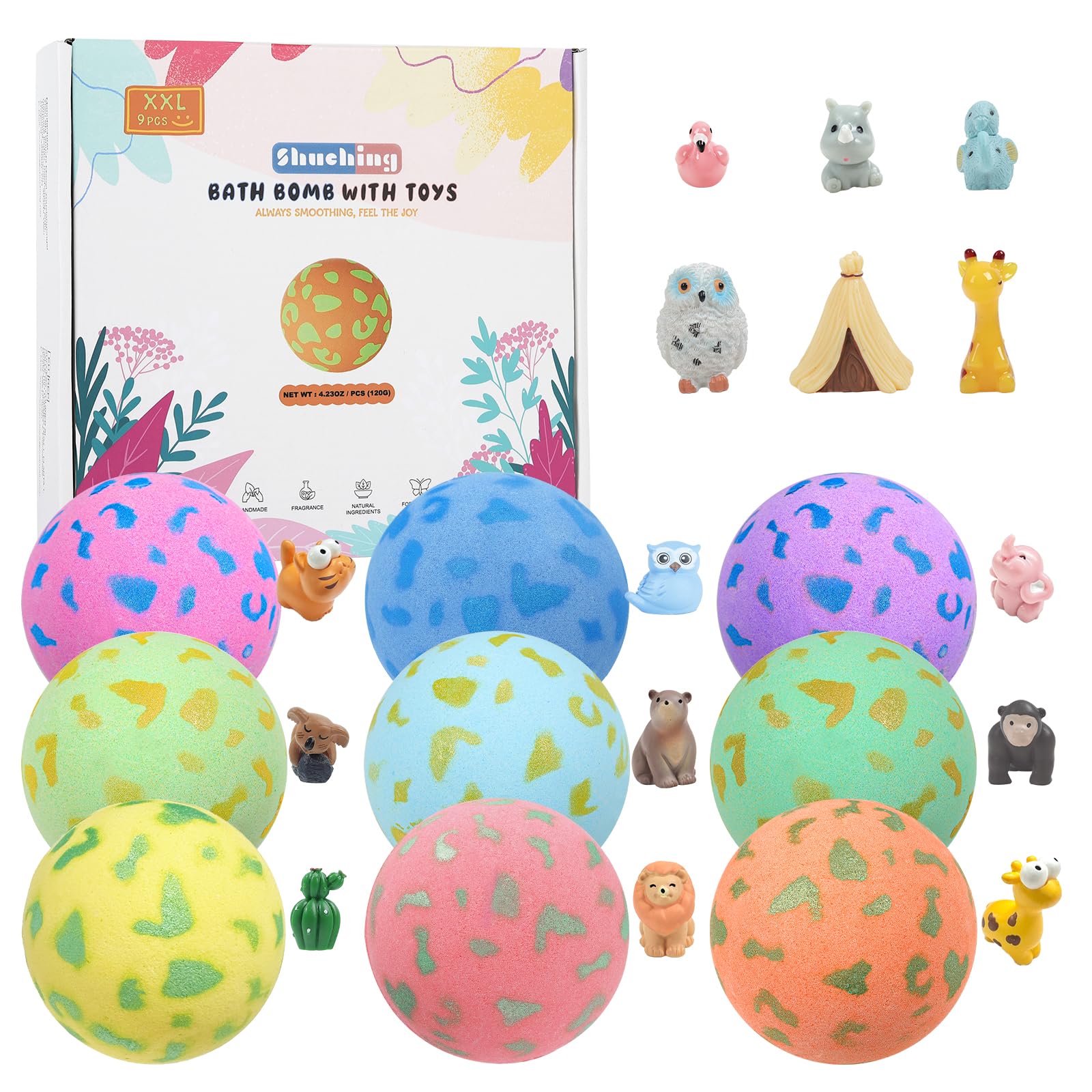 SHUCHING 9 XXL Kids Bath Bombs with Surprise Toys - Organic Gift Set