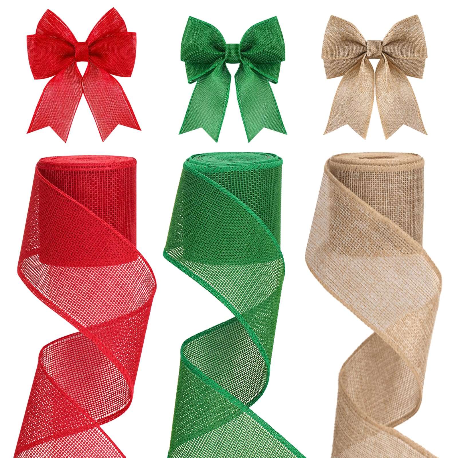 KINGLAKE 3 Rolls Wired Burlap Ribbon - 2.5 Inch Red Green Jute for Bows