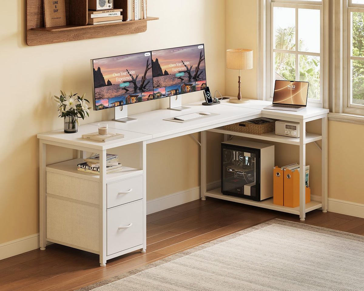 Coleshome Corner Computer Desk with Drawers and Shelves, 140×80 cm, White - image 2