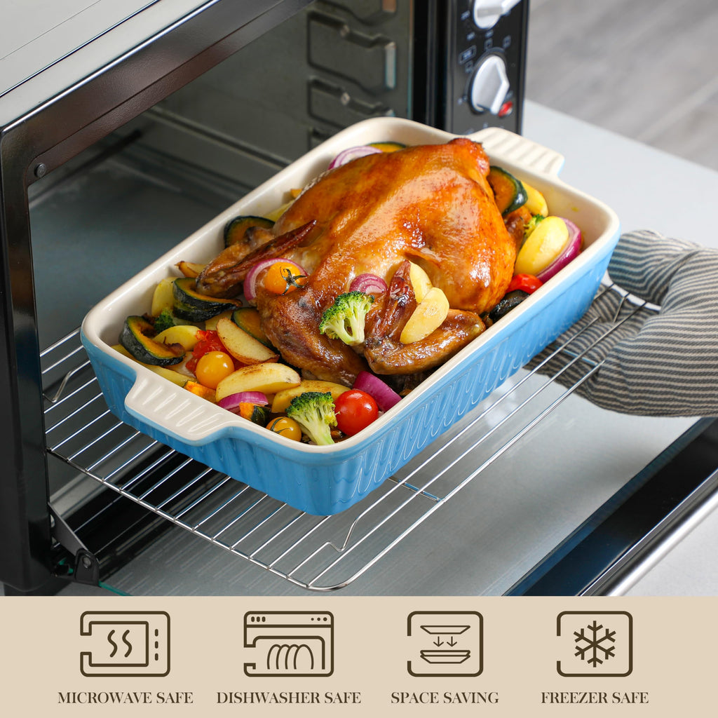 MALACASA 4-Piece Rectangular Porcelain Baking Dish Set with Handles, Blue