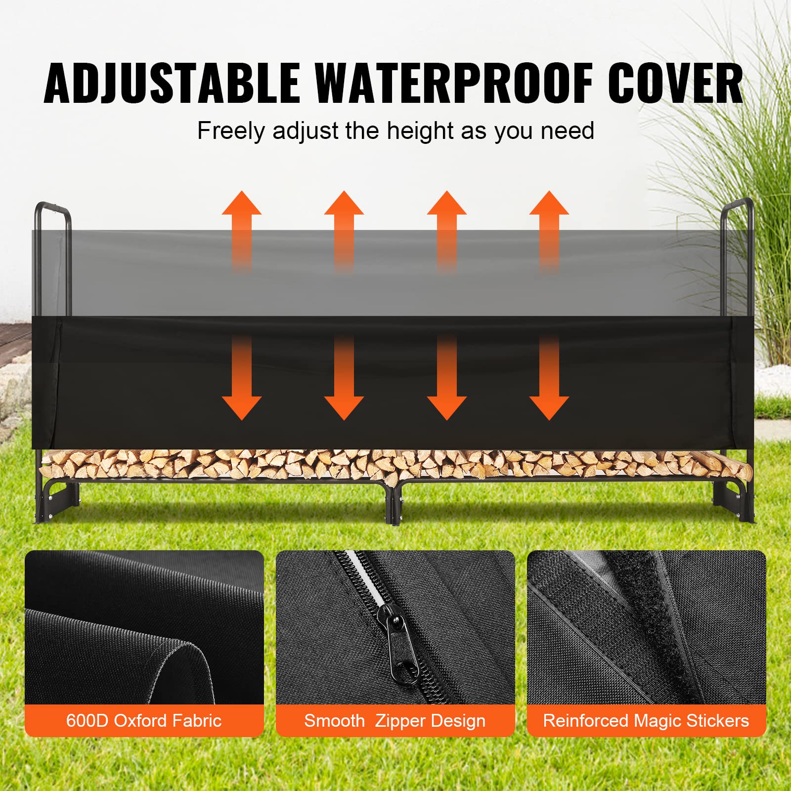 VEVOR 8.5FT Outdoor Firewood Rack with 600D Waterproof Cover | 1/2 Cord