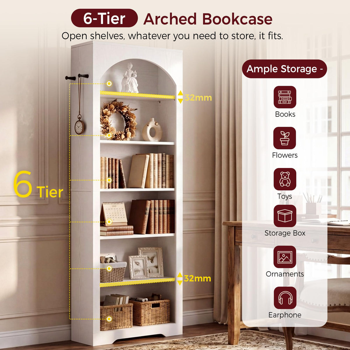 IRONCK 195cm Bookshelf, 6-Tier Arched Bookcase for Living Room