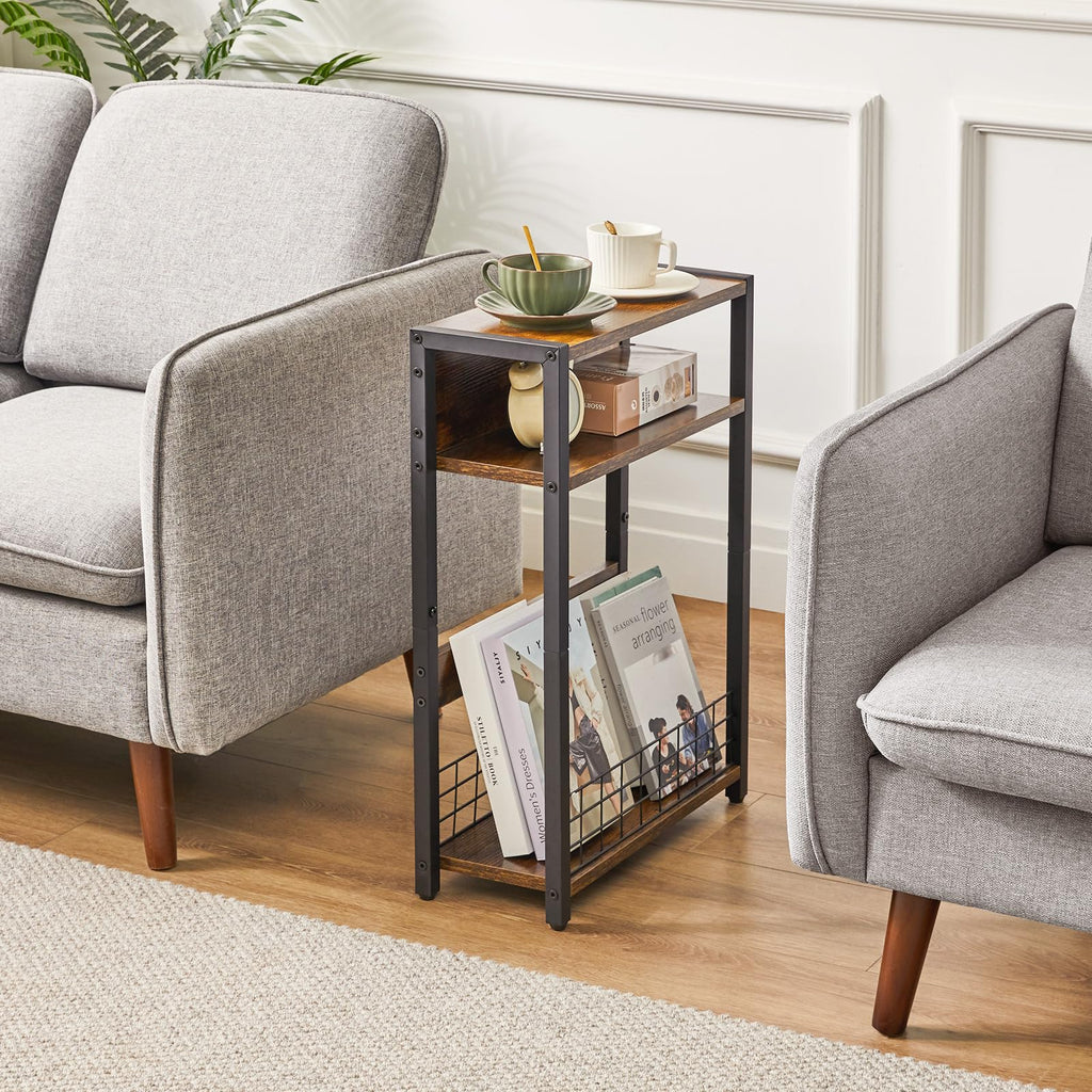 IBUYKE Narrow Side Table – 3-Tier Industrial End Table with Magazine Rack