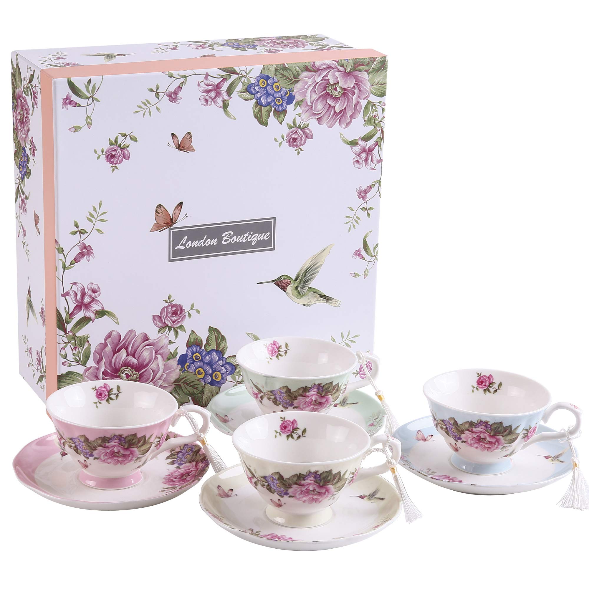 London Boutique Vintage Rose Bone China Tea Cup and Saucer Set - 4 Pack