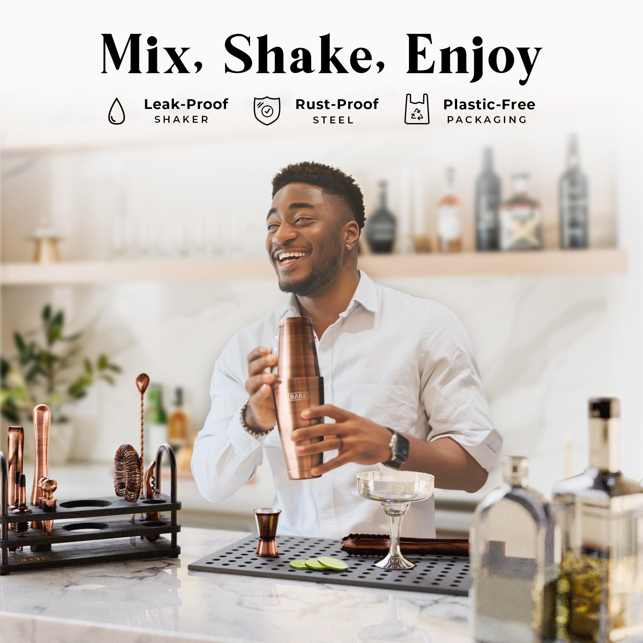 Bare Barrel 14-Piece Cocktail Making Kit with Bamboo Stand & Recipes