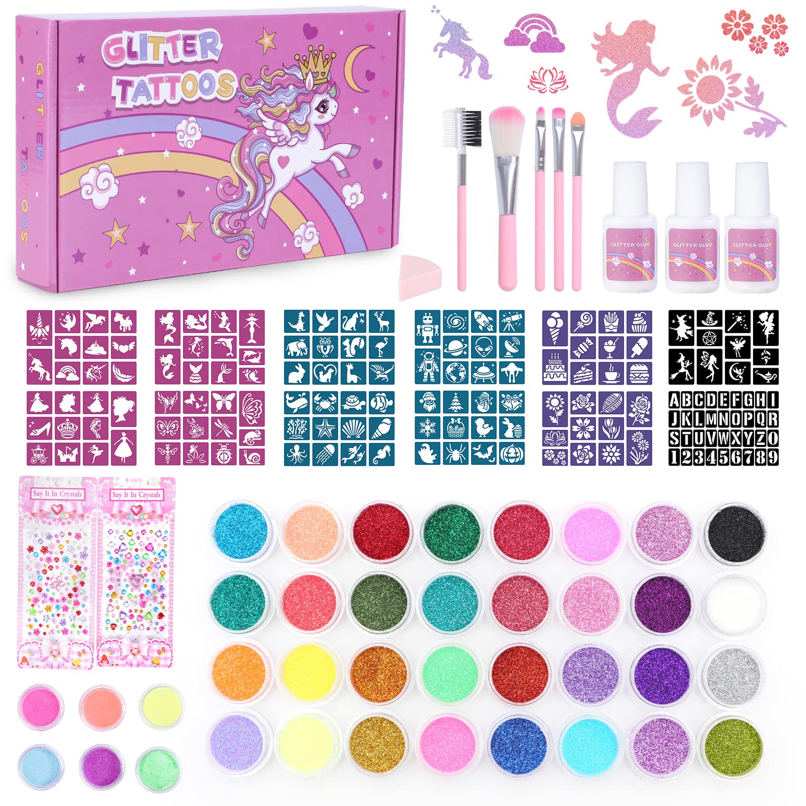 Highttoy Glitter Tattoos for Kids - 32 Color Temporary Body Art Kit