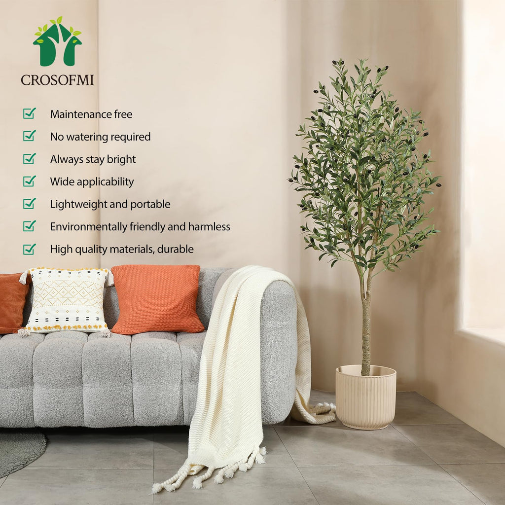 CROSOFMI 6ft Artificial Olive Tree | Tall Faux Silk Potted Plant for Indoor