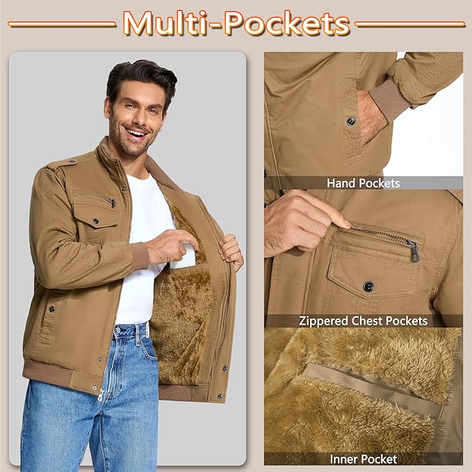 KEFITEVD Men's Military Bomber Jacket | Cotton Thermal Cargo Windbreaker