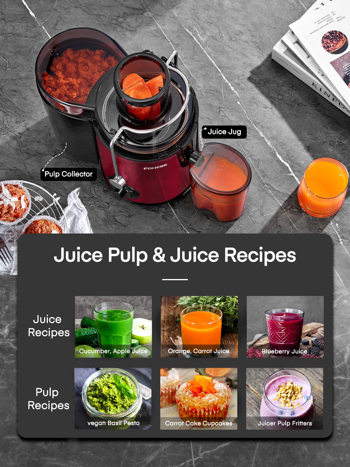 FOHERE Centrifugal Juicer Extractor – 3 Inch Feed Chute, 3-Speed, Red