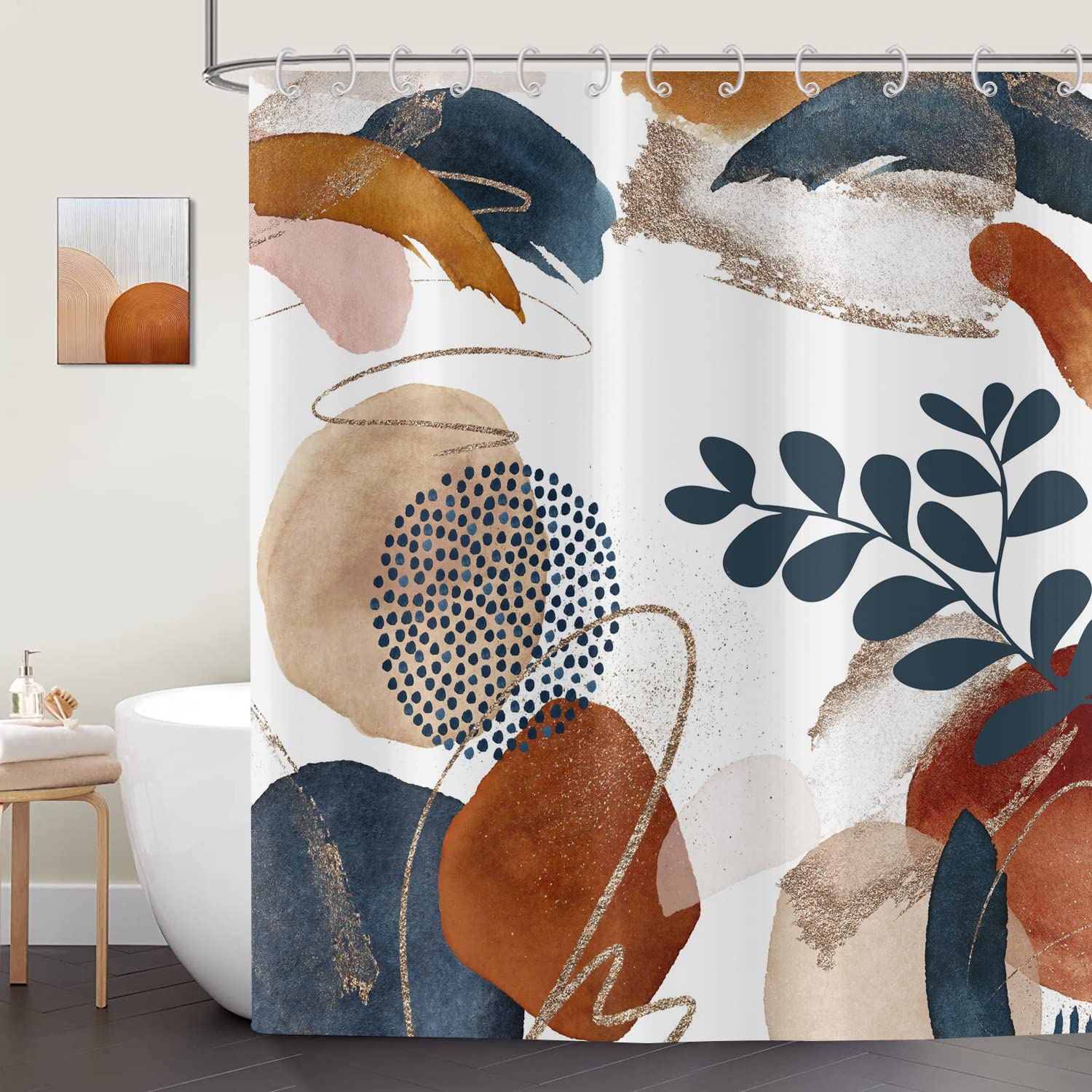 ASDCXZ Boho Shower Curtain – Modern Abstract Blue Leaves Polyester 150x180cm