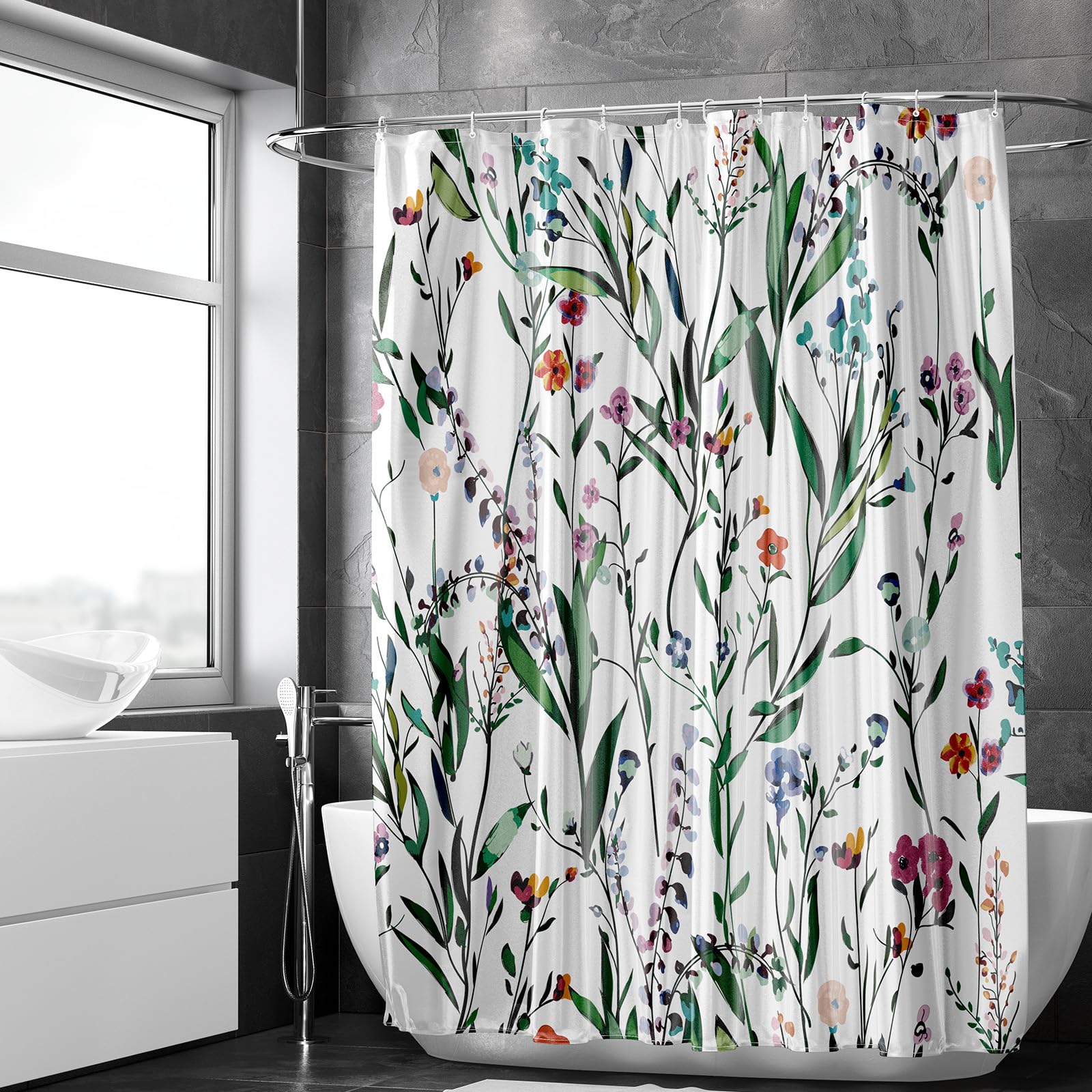 ROCK CLOUD Floral Shower Curtain | Watercolor Botanical Fabric, 72x72