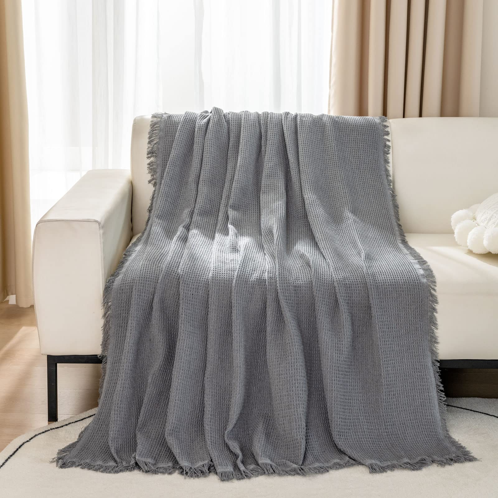 LHGOGO Woven Waffle Sofa Throw – Large 3 Seater Reversible Cotton Grey