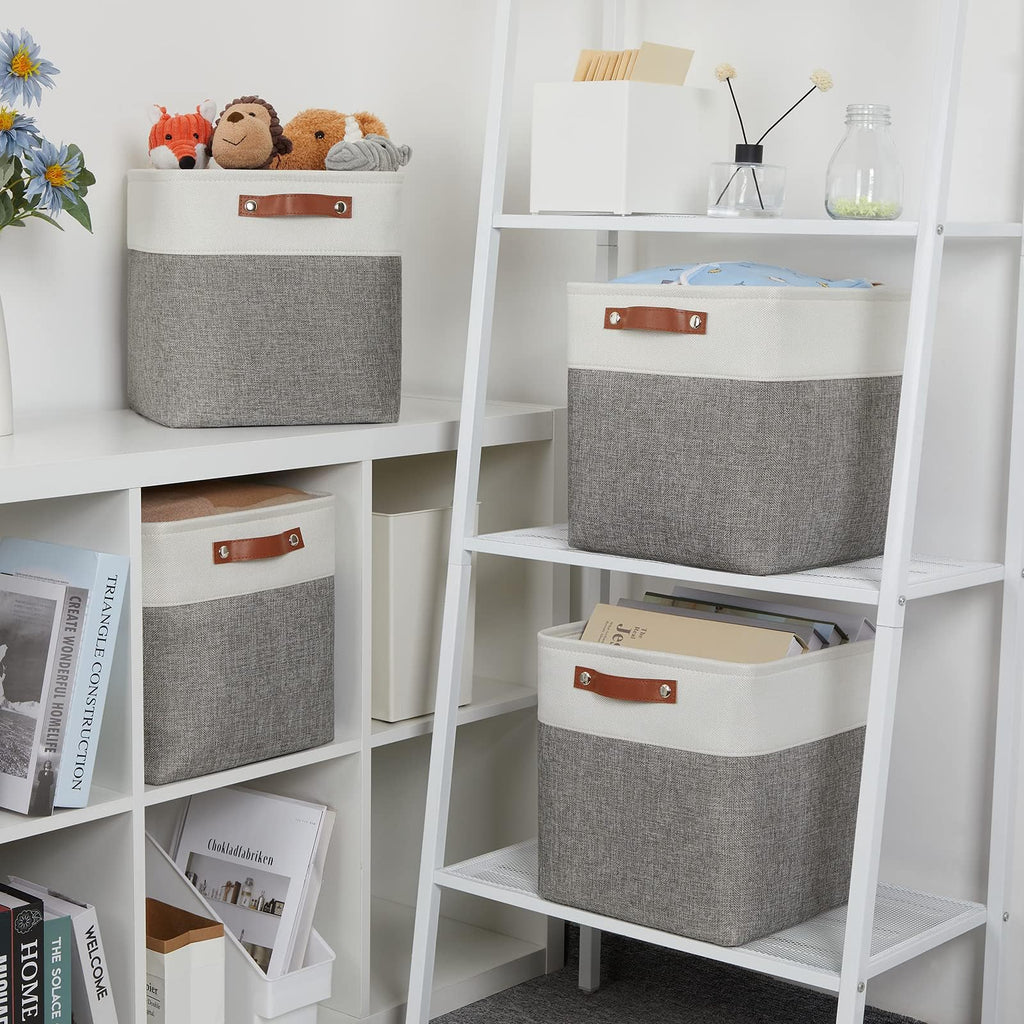 VIIHTYISA Fabric Storage Box, 4-Piece Set 25x25x25cm Cube Storage Boxes with Faux Leather Handle for Cube Shelves, Closet, Wardrobes | Grey & White - image 5