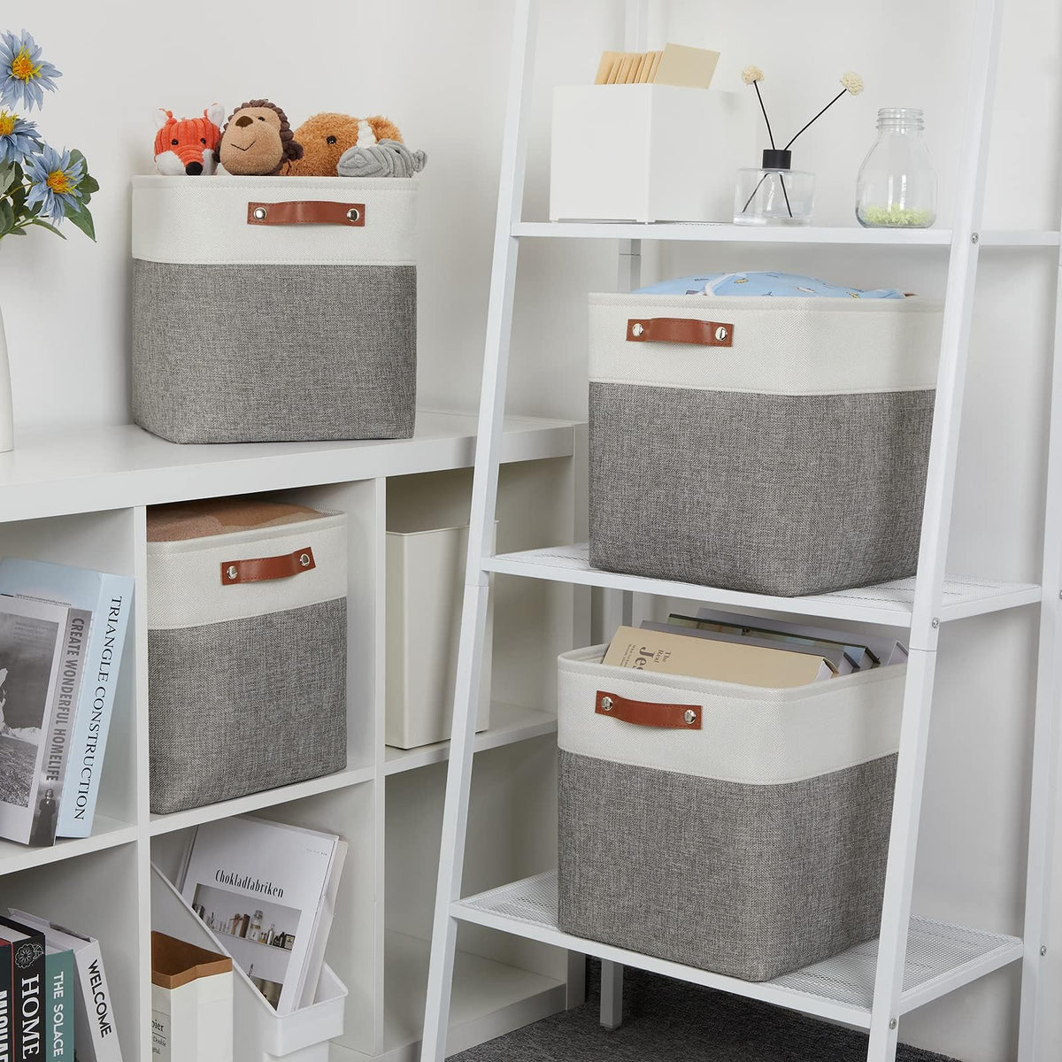 VIIHTYISA Fabric Storage Box, 4-Piece Set 25x25x25cm Cube Storage Boxes with Faux Leather Handle for Cube Shelves, Closet, Wardrobes | Grey & White - image 5