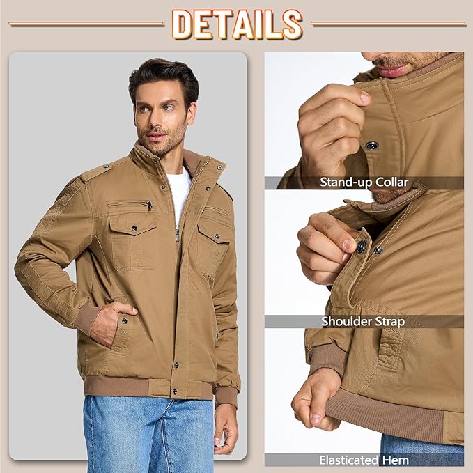 KEFITEVD Men's Military Bomber Jacket | Cotton Thermal Cargo Windbreaker