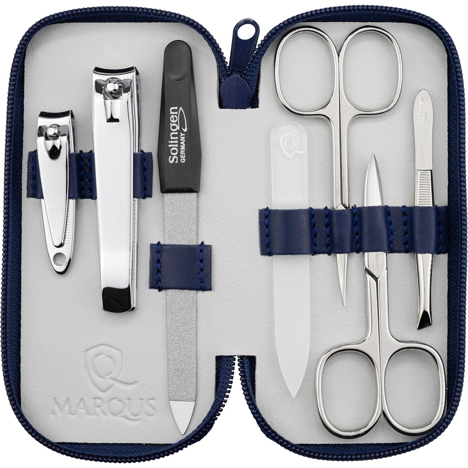 Solingen 7-Piece Manicure Set – Real Leather Case & Glass Nail File, Blue