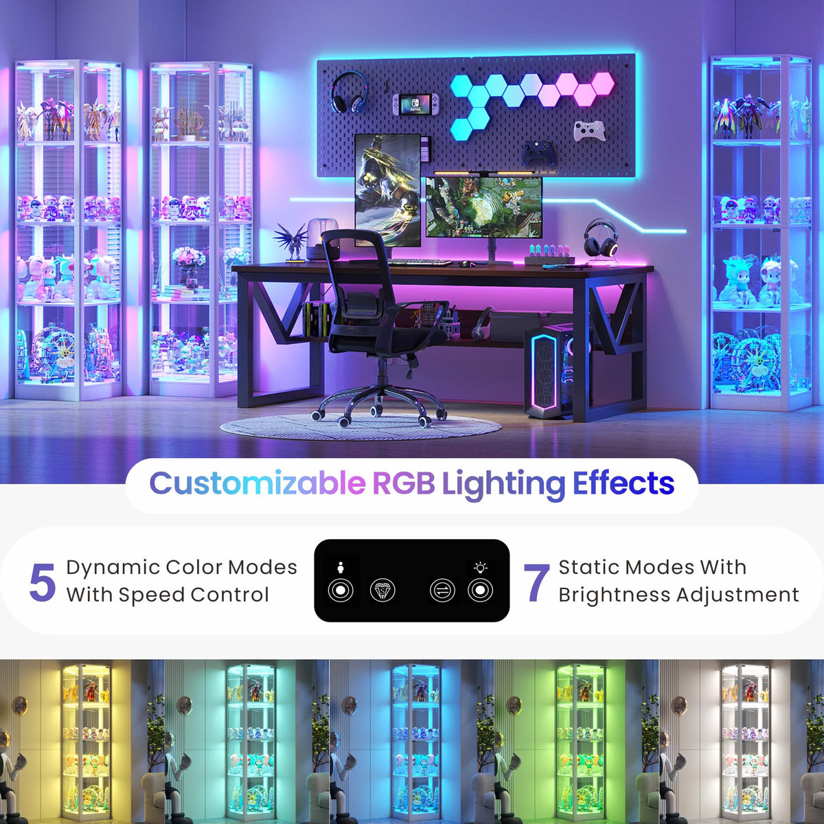 FREDEES Glass Display Cabinet with RGB Lights, 175CM, White - image 4